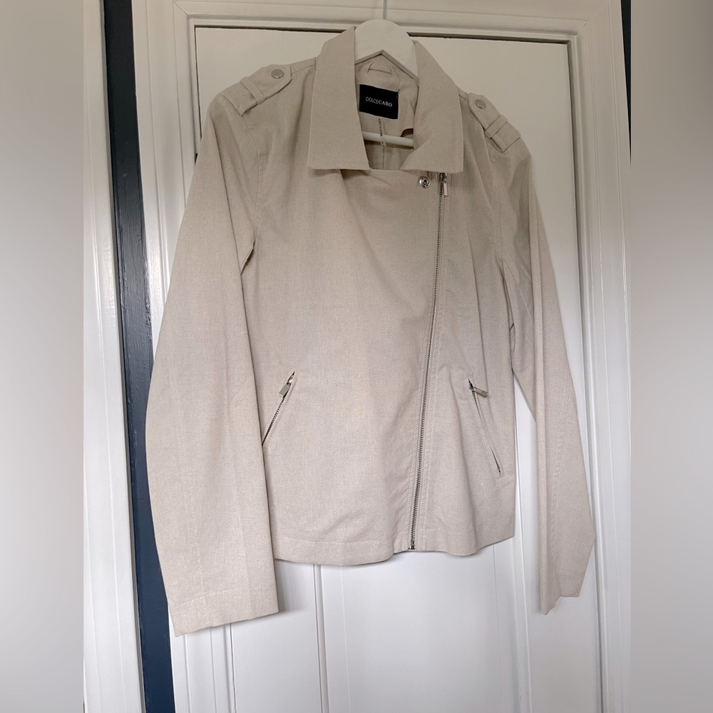 Dolce Cabo linen blend moto light weight jacket asymmetrical zip EUC size Small